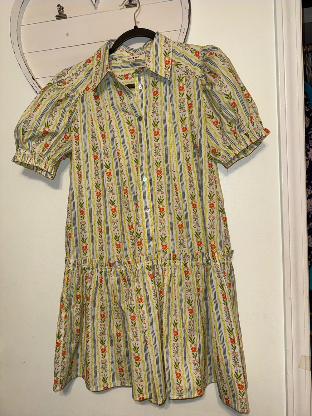 Floral Stripe Cotton Dress - Green & Orange